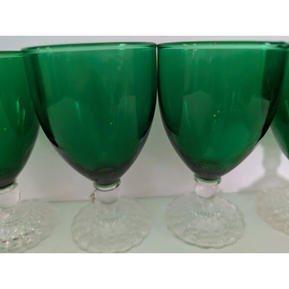 5 Vintage Anchor Hocking Bubble Foot Green Glass Goblets with Clear Stems - Picture 4 of 8